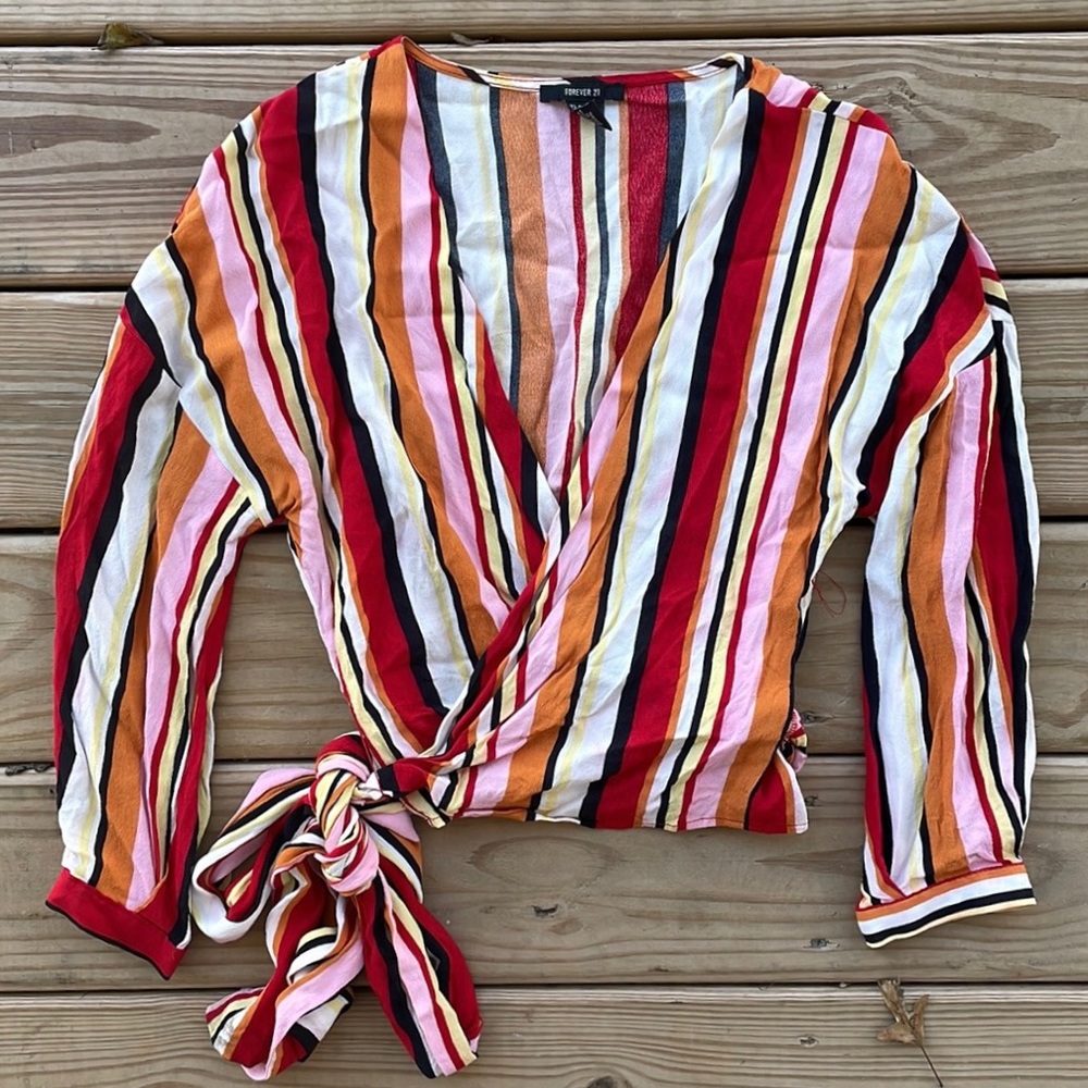 Striped V-Neck Wrap Surplice Blouse